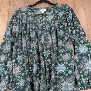 J Jill Top Womens Large Green Print Peasant Long Sleeve 1/4 Button BOHO Flowy